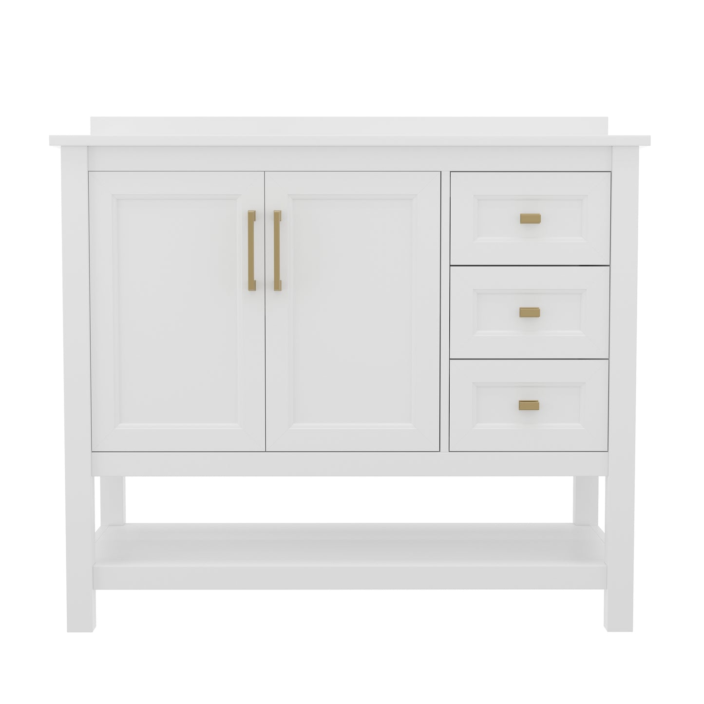 Vega 42 Inch Bathroom Vanity with Sink, Storage Cabinet with Soft Close Doors, Open Shelf and 3 Drawers, Carrara Marble Finish Countertop, White/Gold White Frame/Gold Hardware