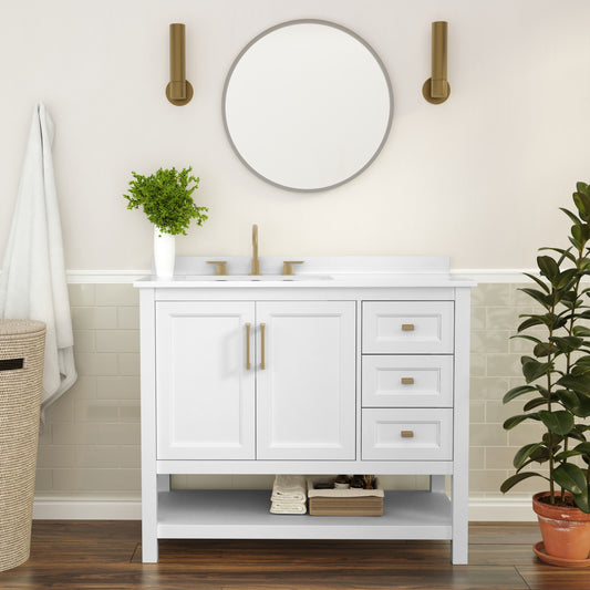 Vega 42 Inch Bathroom Vanity with Sink, Storage Cabinet with Soft Close Doors, Open Shelf and 3 Drawers, Carrara Marble Finish Countertop, White/Gold White Frame/Gold Hardware FS-VEGA42-WH-GLD-GG