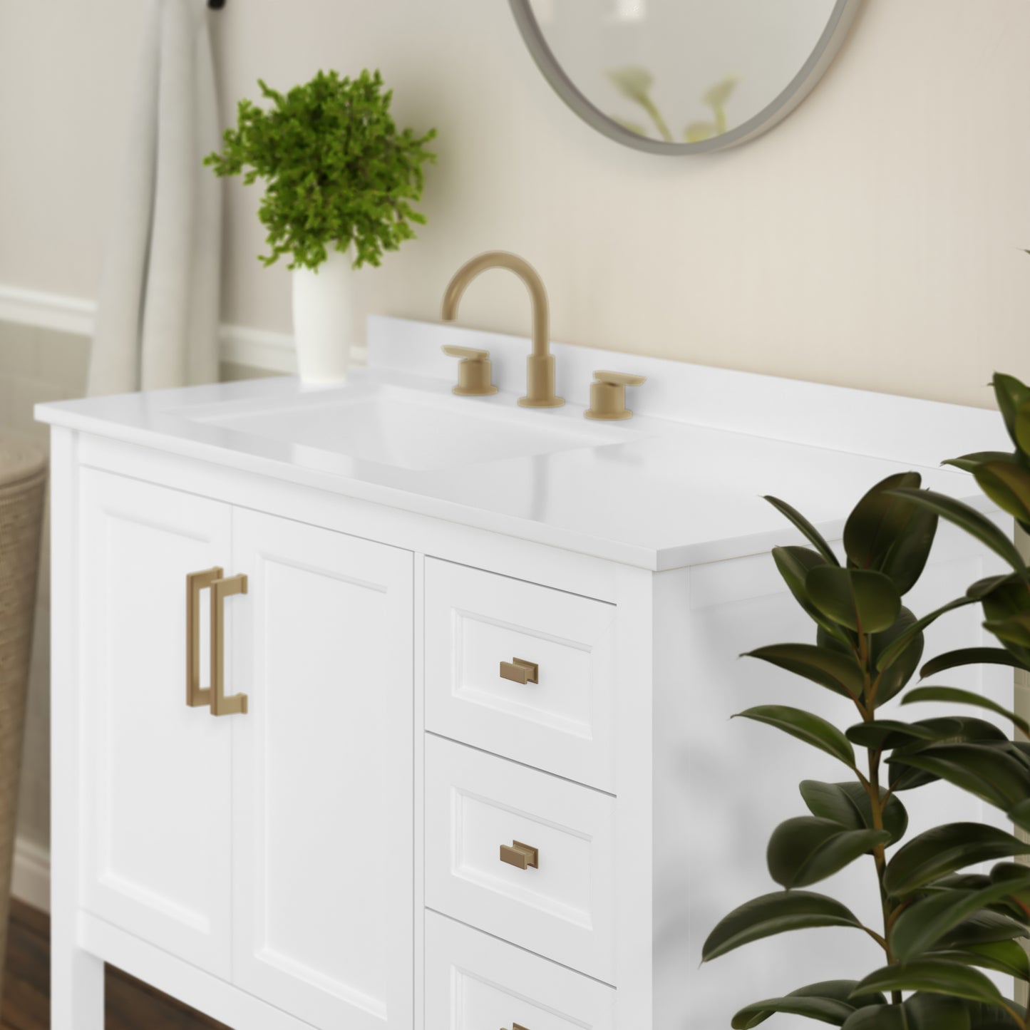 Vega 42 Inch Bathroom Vanity with Sink, Storage Cabinet with Soft Close Doors, Open Shelf and 3 Drawers, Carrara Marble Finish Countertop, White/Gold White Frame/Gold Hardware