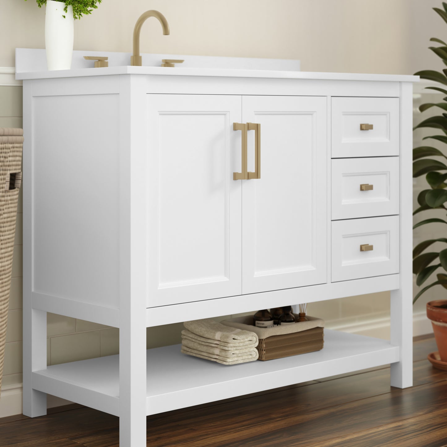 Vega 42 Inch Bathroom Vanity with Sink, Storage Cabinet with Soft Close Doors, Open Shelf and 3 Drawers, Carrara Marble Finish Countertop, White/Gold White Frame/Gold Hardware