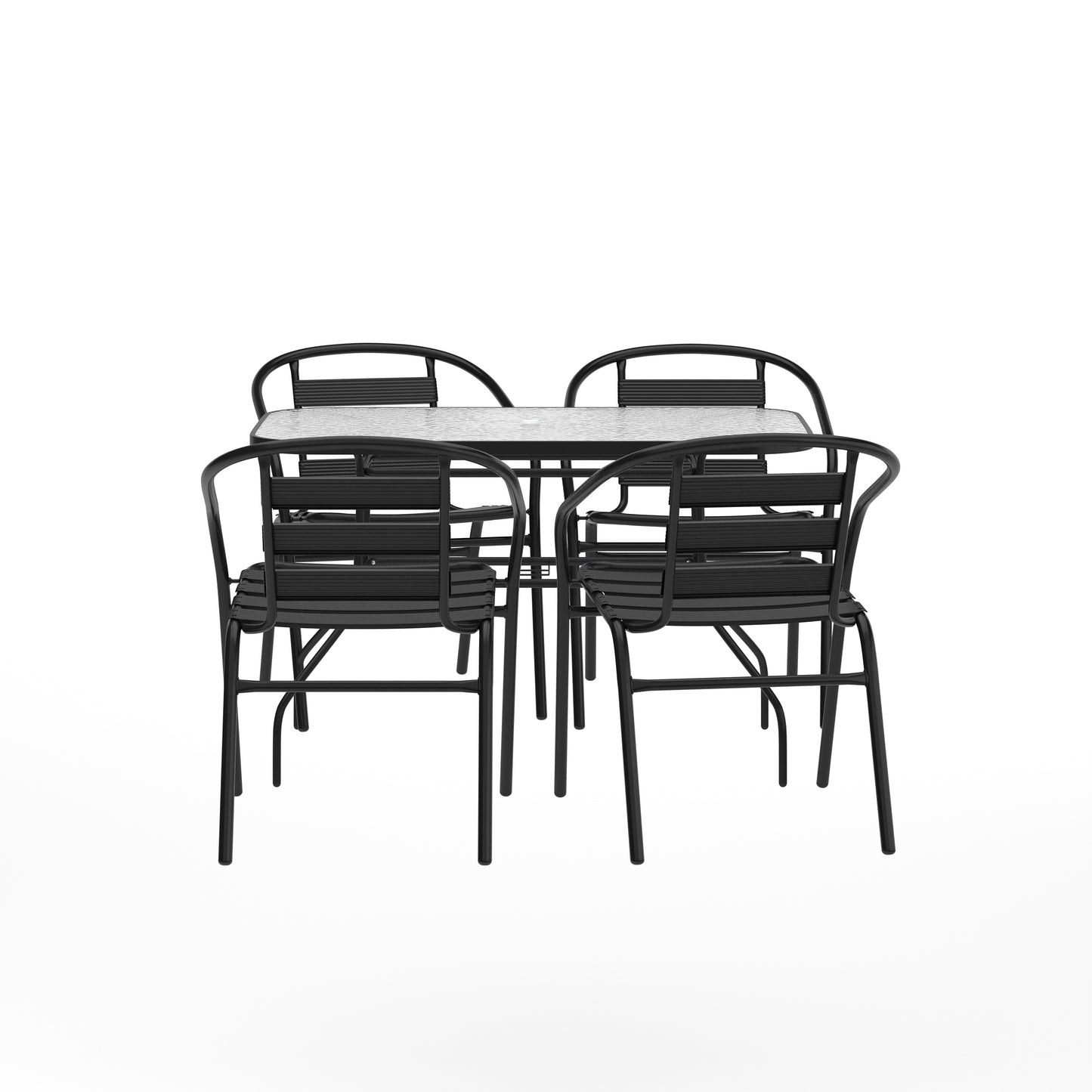 Lila 5 Piece Commercial Outdoor Patio Dining Set with 47" Tempered Glass Patio Table with Umbrella Hole and 4 Black Triple Slat Chairs Black