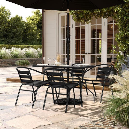 Lila 5 Piece Commercial Outdoor Patio Dining Set with 47" Tempered Glass Patio Table with Umbrella Hole and 4 Black Triple Slat Chairs Black FV-120B-017CBK-GG