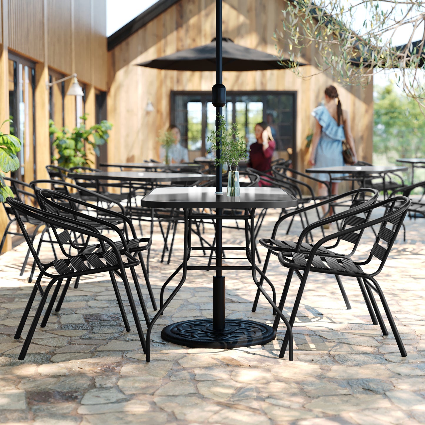 Lila 5 Piece Commercial Outdoor Patio Dining Set with 47" Tempered Glass Patio Table with Umbrella Hole and 4 Black Triple Slat Chairs Black