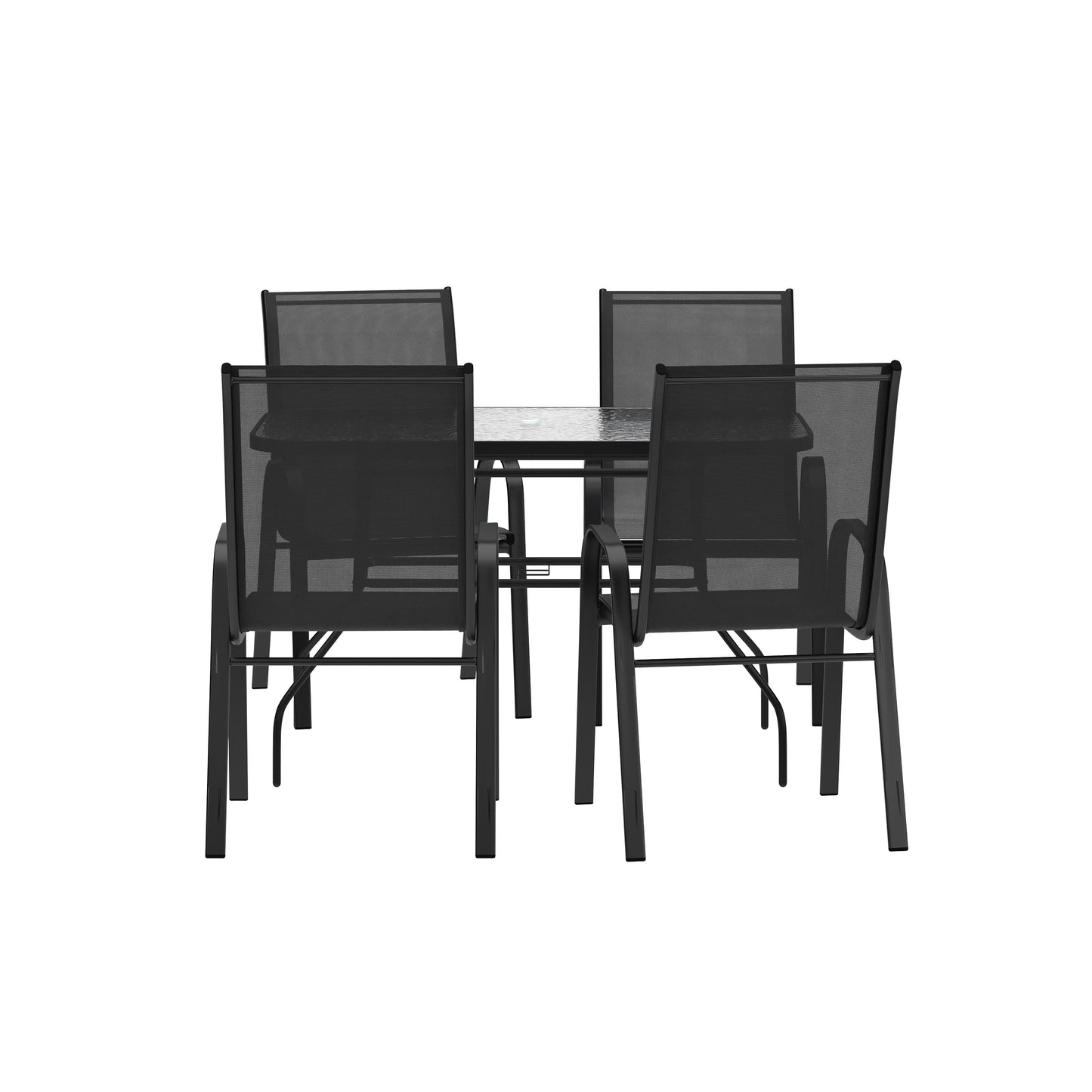 Brazos 5 Piece Commercial Grade Patio Dining Set with Tempered Glass Patio Table with 4 Chairs with Black Flex Comfort Material Seats and Backs Black
