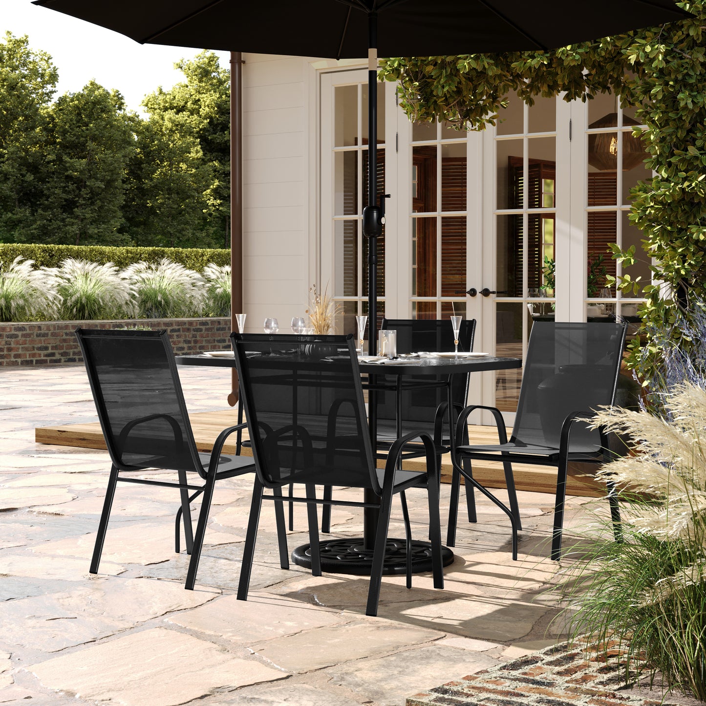 Brazos 5 Piece Commercial Grade Patio Dining Set with Tempered Glass Patio Table with 4 Chairs with Black Flex Comfort Material Seats and Backs Black