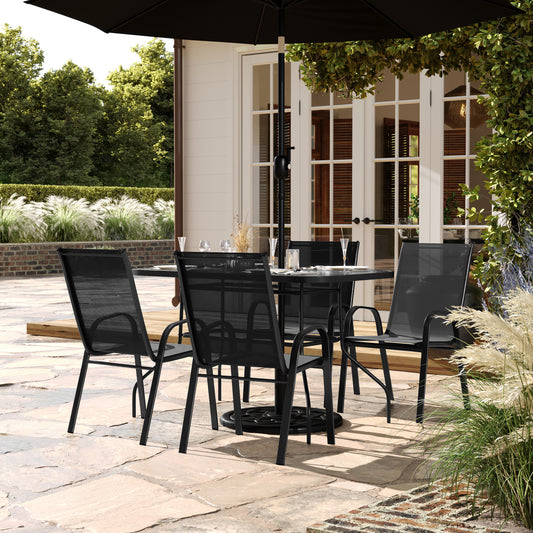Brazos 5 Piece Commercial Grade Patio Dining Set with Tempered Glass Patio Table with 4 Chairs with Black Flex Comfort Material Seats and Backs Black