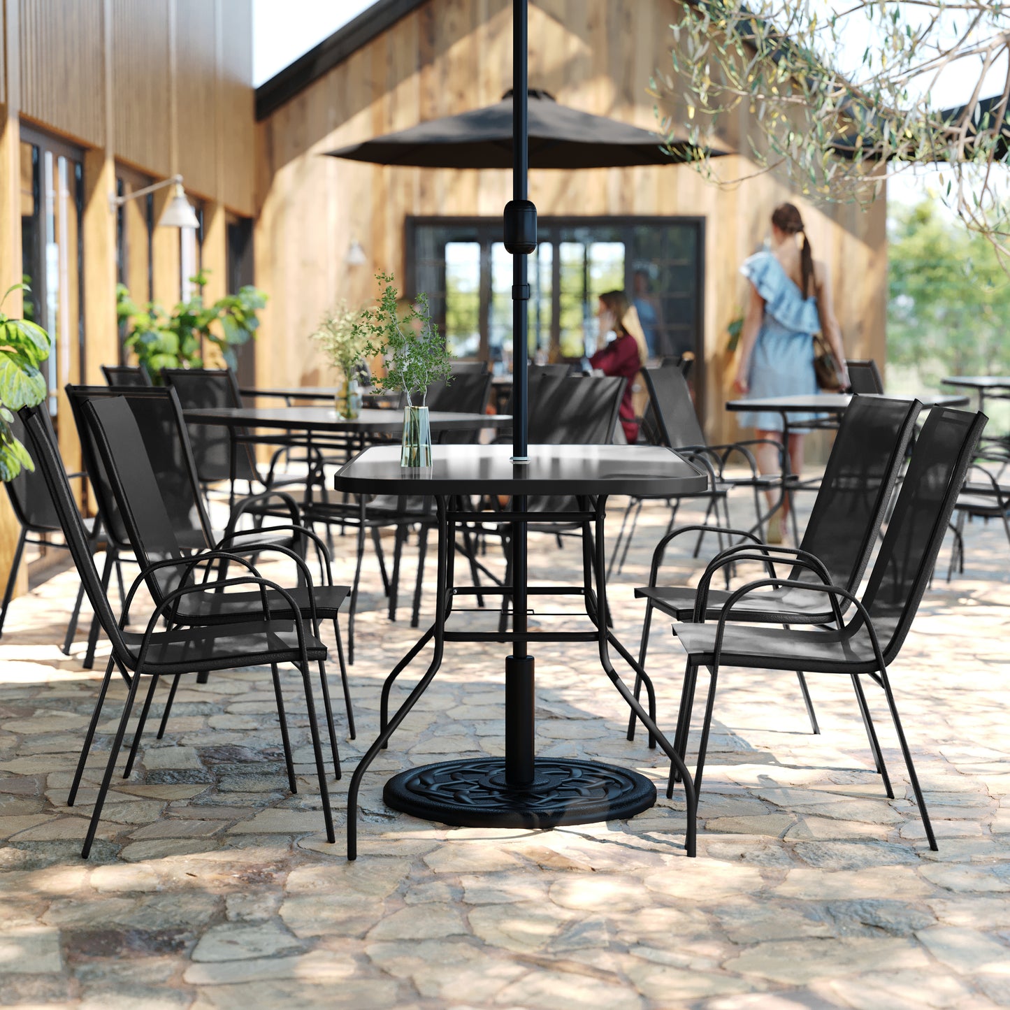 Brazos 5 Piece Commercial Grade Patio Dining Set with Tempered Glass Patio Table with 4 Chairs with Black Flex Comfort Material Seats and Backs Black