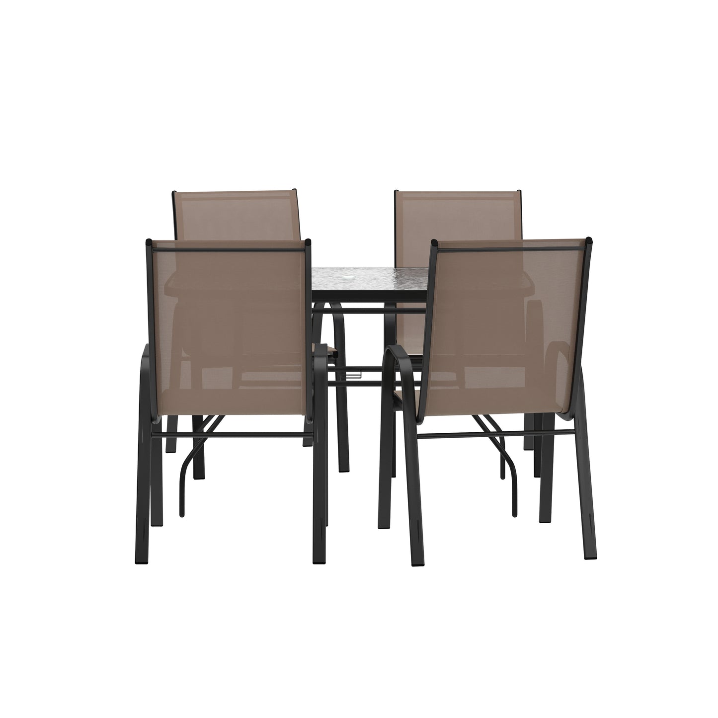 Brazos 5 Piece Commercial Grade Patio Dining Set with Tempered Glass Patio Table with 4 Chairs with Brown Flex Comfort Material Seats and Backs Brown