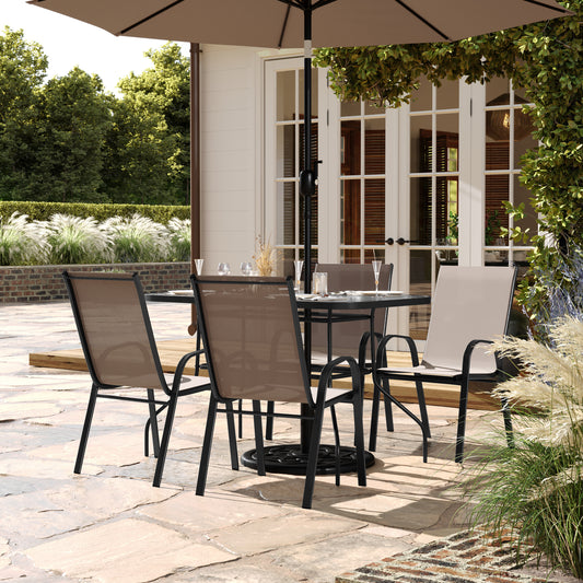 Brazos 5 Piece Commercial Grade Patio Dining Set with Tempered Glass Patio Table with 4 Chairs with Brown Flex Comfort Material Seats and Backs Brown