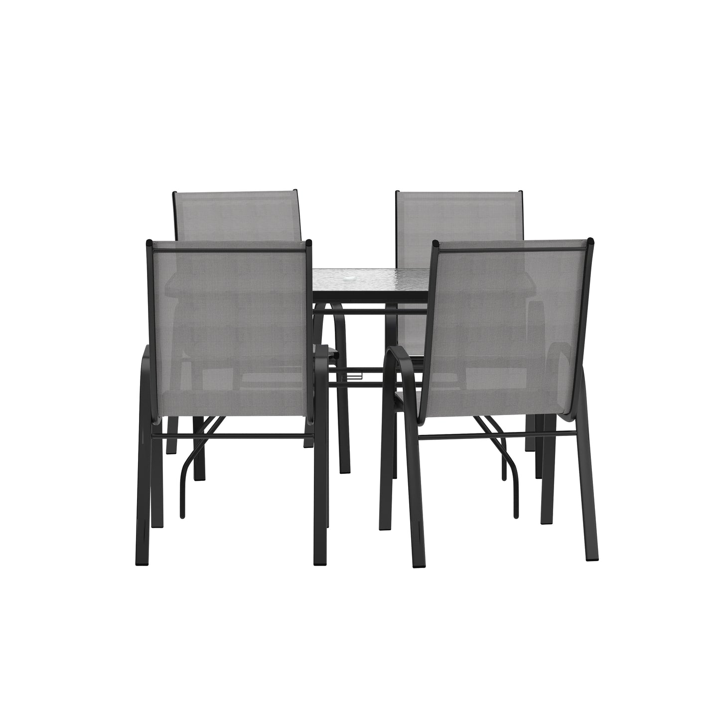 Brazos 5 Piece Commercial Grade Patio Dining Set with Tempered Glass Patio Table with 4 Chairs with Gray Flex Comfort Material Seats and Backs Gray