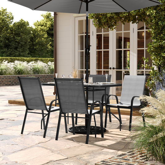 Brazos 5 Piece Commercial Grade Patio Dining Set with Tempered Glass Patio Table with 4 Chairs with Gray Flex Comfort Material Seats and Backs Gray