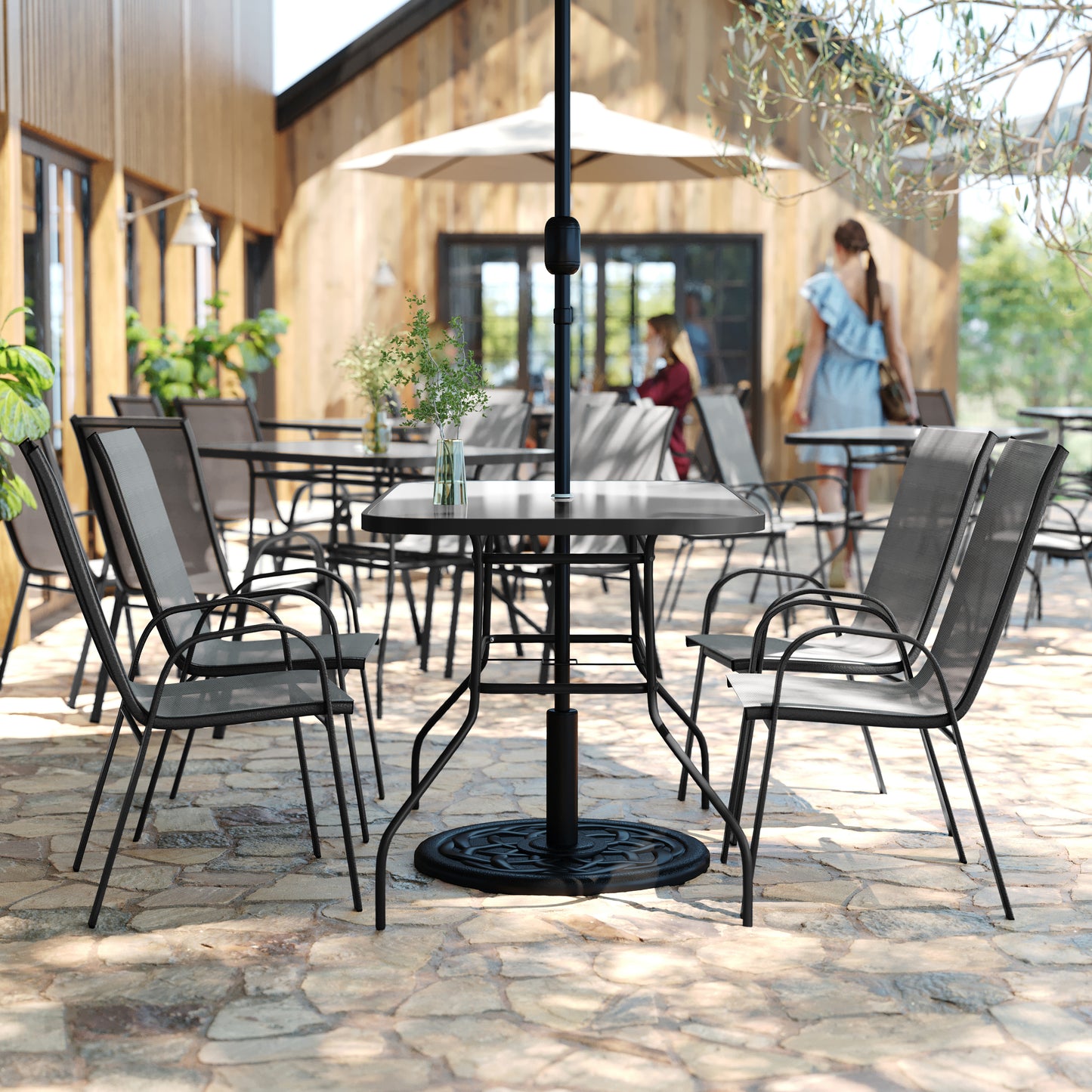 Brazos 5 Piece Commercial Grade Patio Dining Set with Tempered Glass Patio Table with 4 Chairs with Gray Flex Comfort Material Seats and Backs Gray