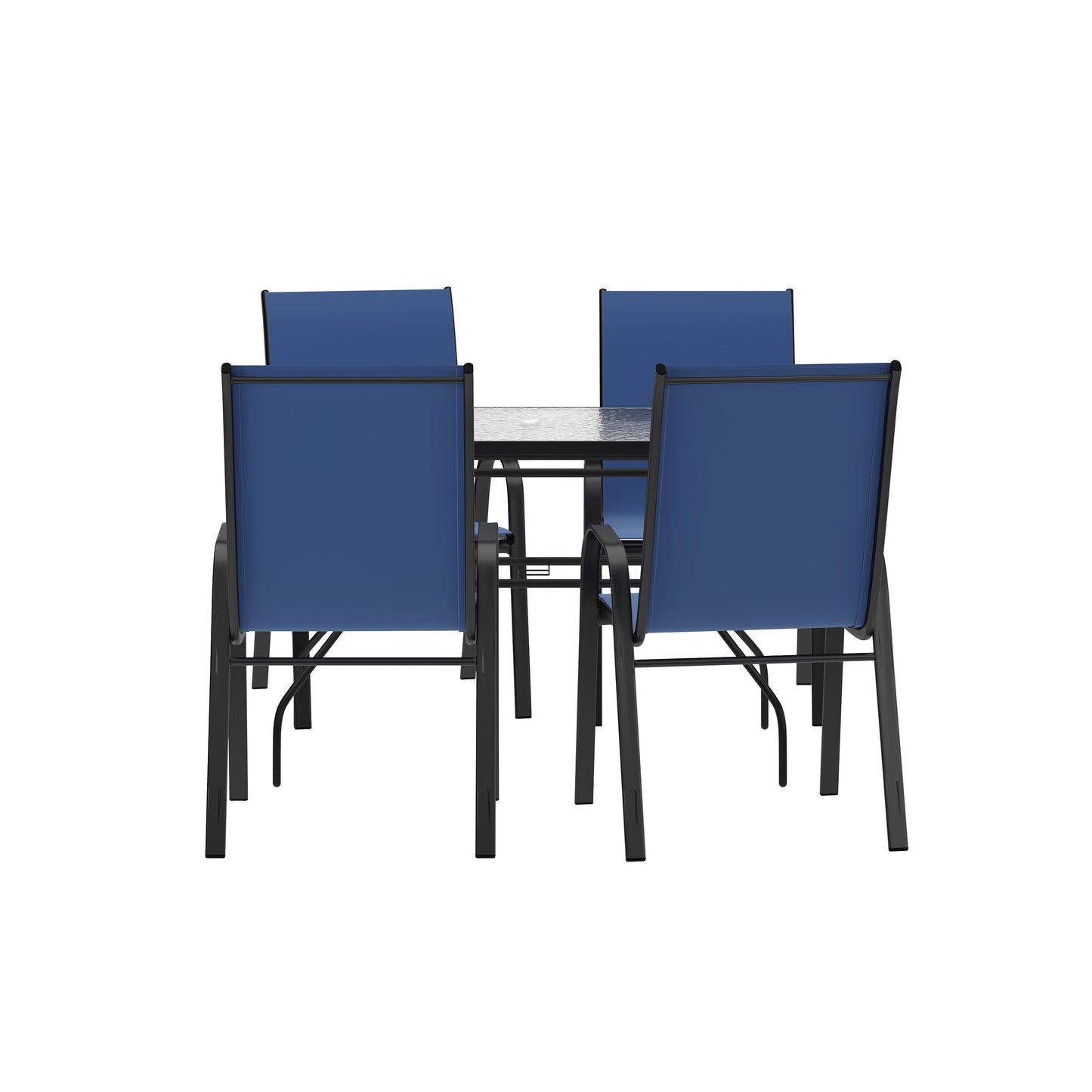 Brazos 5 Piece Commercial Grade Patio Dining Set with Tempered Glass Patio Table with 4 Chairs with Navy Flex Comfort Material Seats and Backs Navy