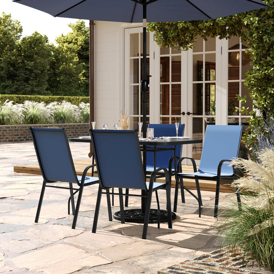 Brazos 5 Piece Commercial Grade Patio Dining Set with Tempered Glass Patio Table with 4 Chairs with Navy Flex Comfort Material Seats and Backs Navy