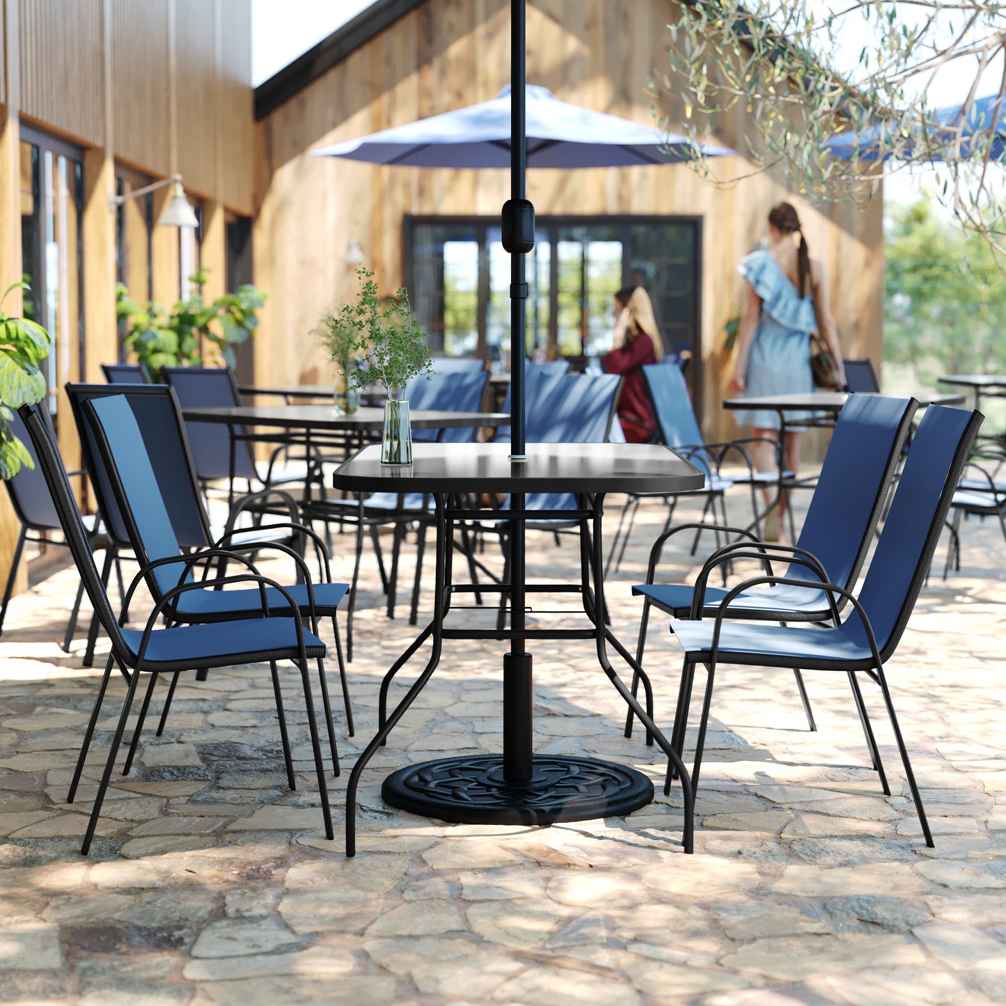 Brazos 5 Piece Commercial Grade Patio Dining Set with Tempered Glass Patio Table with 4 Chairs with Navy Flex Comfort Material Seats and Backs Navy