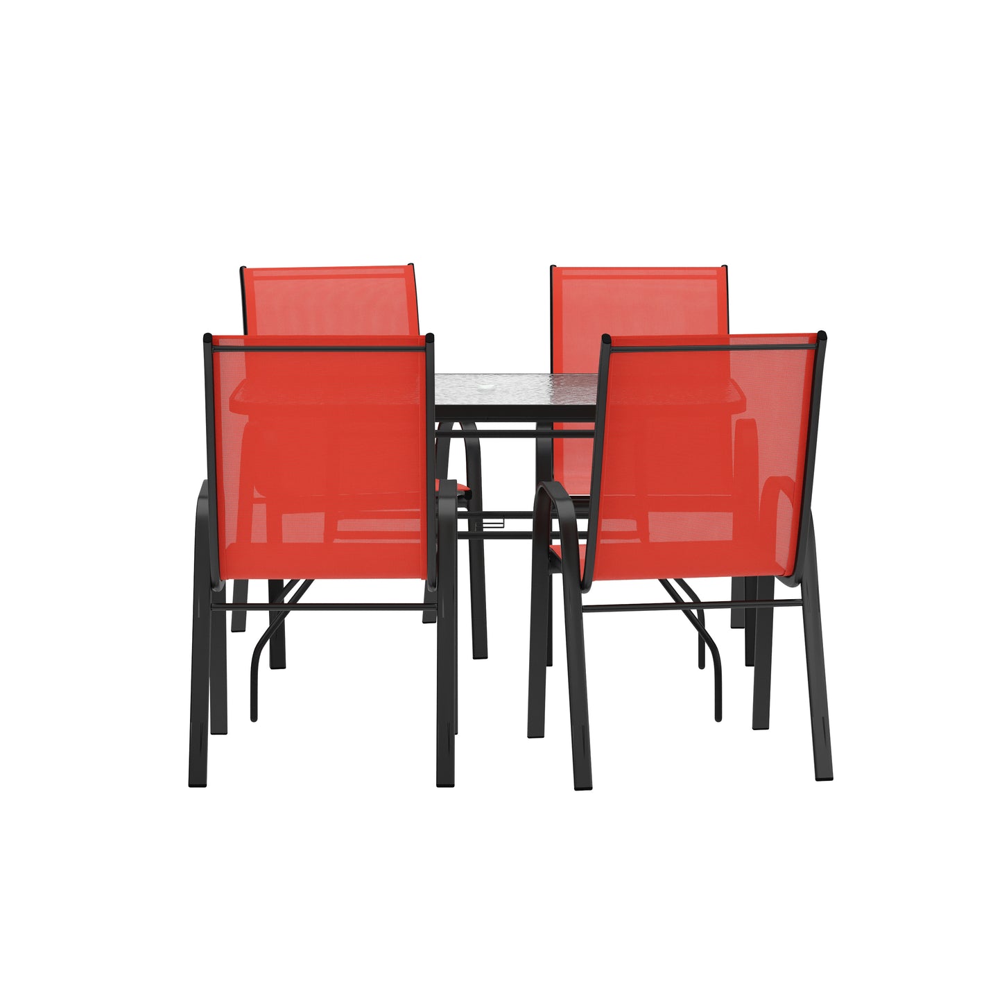 Brazos 5 Piece Commercial Grade Patio Dining Set with Tempered Glass Patio Table with 4 Chairs with Red Flex Comfort Material Seats and Backs Red