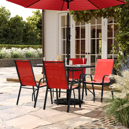Brazos 5 Piece Commercial Grade Patio Dining Set with Tempered Glass Patio Table with 4 Chairs with Red Flex Comfort Material Seats and Backs Red