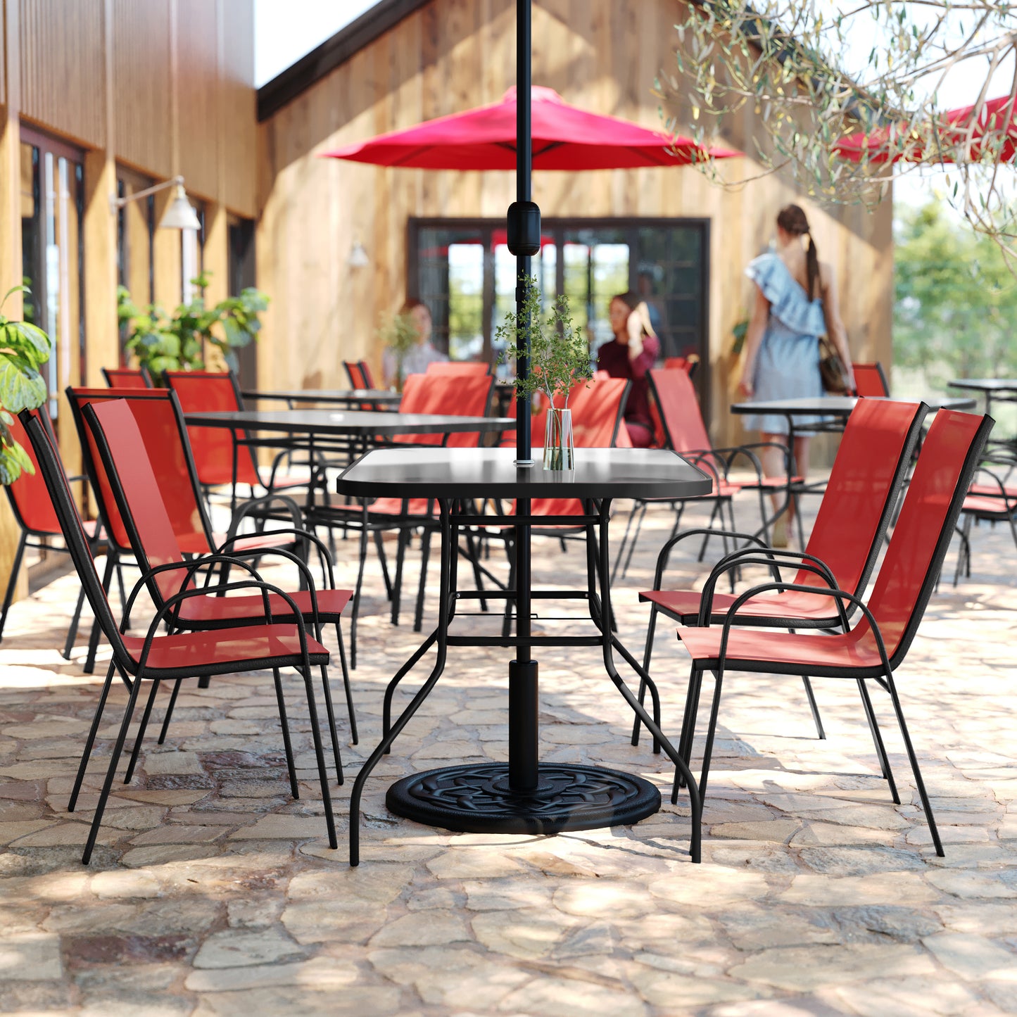 Brazos 5 Piece Commercial Grade Patio Dining Set with Tempered Glass Patio Table with 4 Chairs with Red Flex Comfort Material Seats and Backs Red