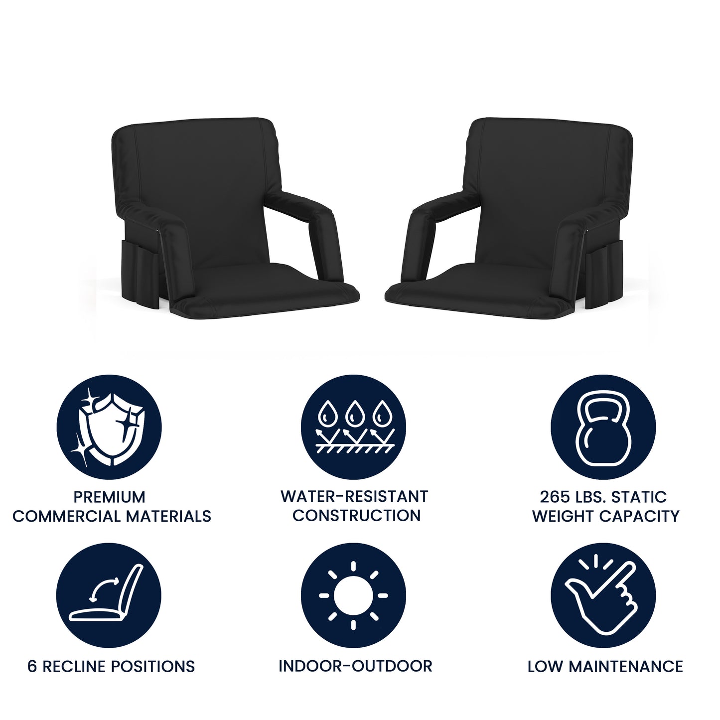 Malta Set of 2 Black Portable Lightweight Reclining Stadium Chairs with Armrests, Padded Back & Seat - Storage Pockets & Backpack Straps Black