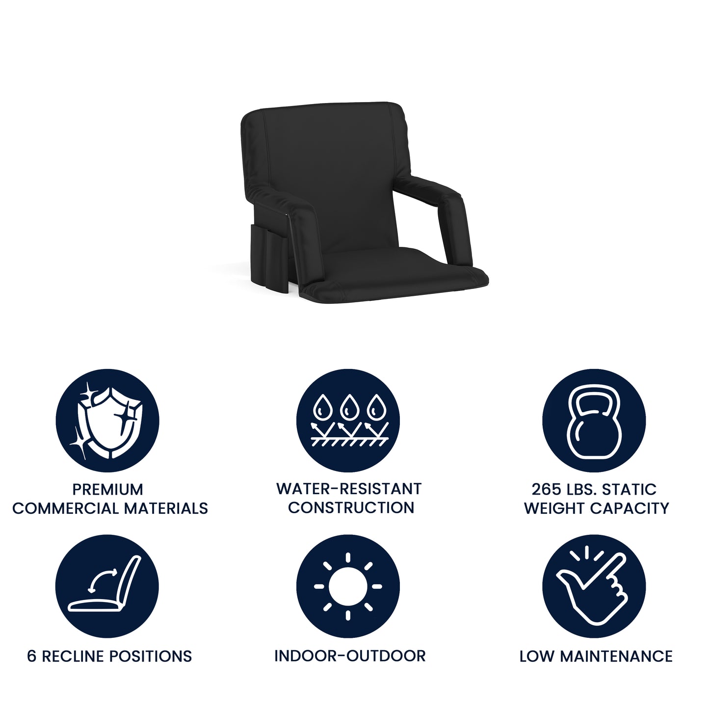 Malta Black Portable Lightweight Reclining Stadium Chair with Armrests, Padded Back & Seat with Dual Storage Pockets and Backpack Straps Black