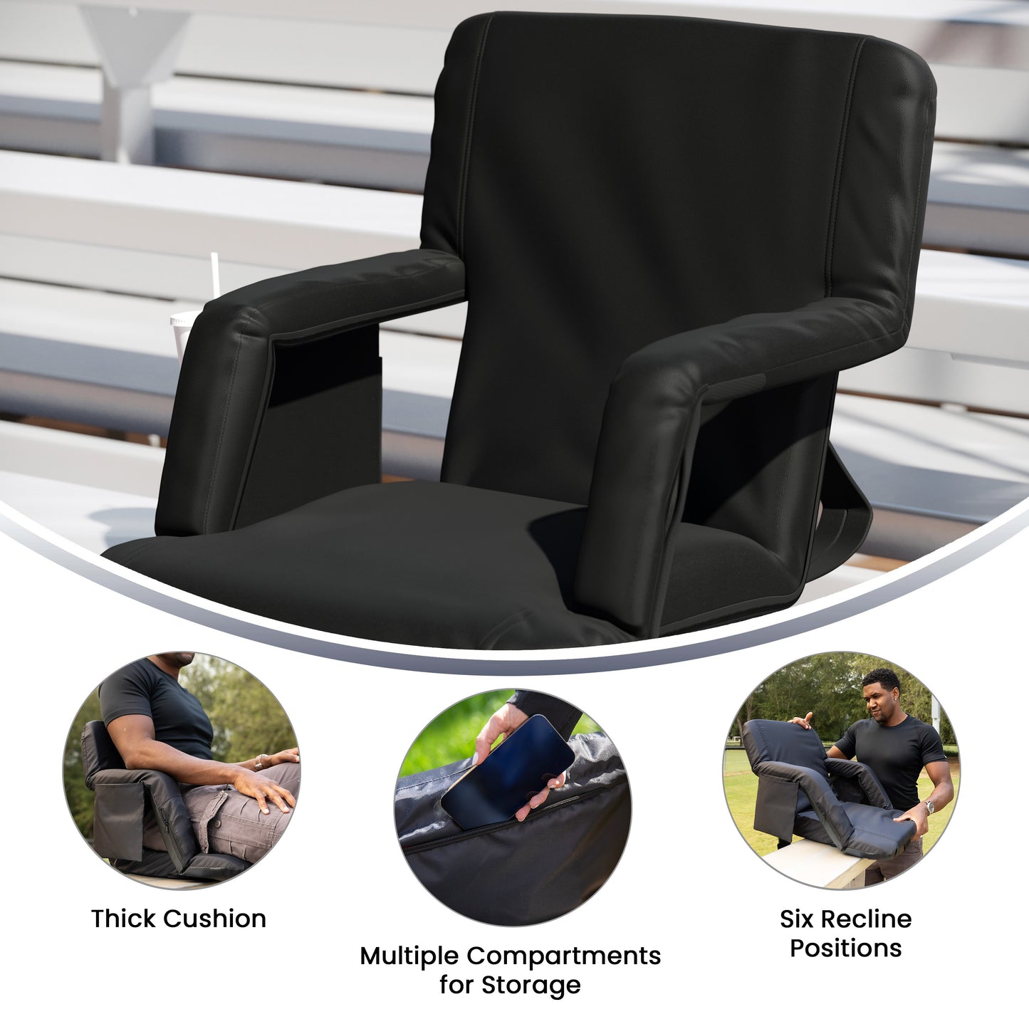 Malta Black Portable Lightweight Reclining Stadium Chair with Armrests, Padded Back & Seat with Dual Storage Pockets and Backpack Straps Black