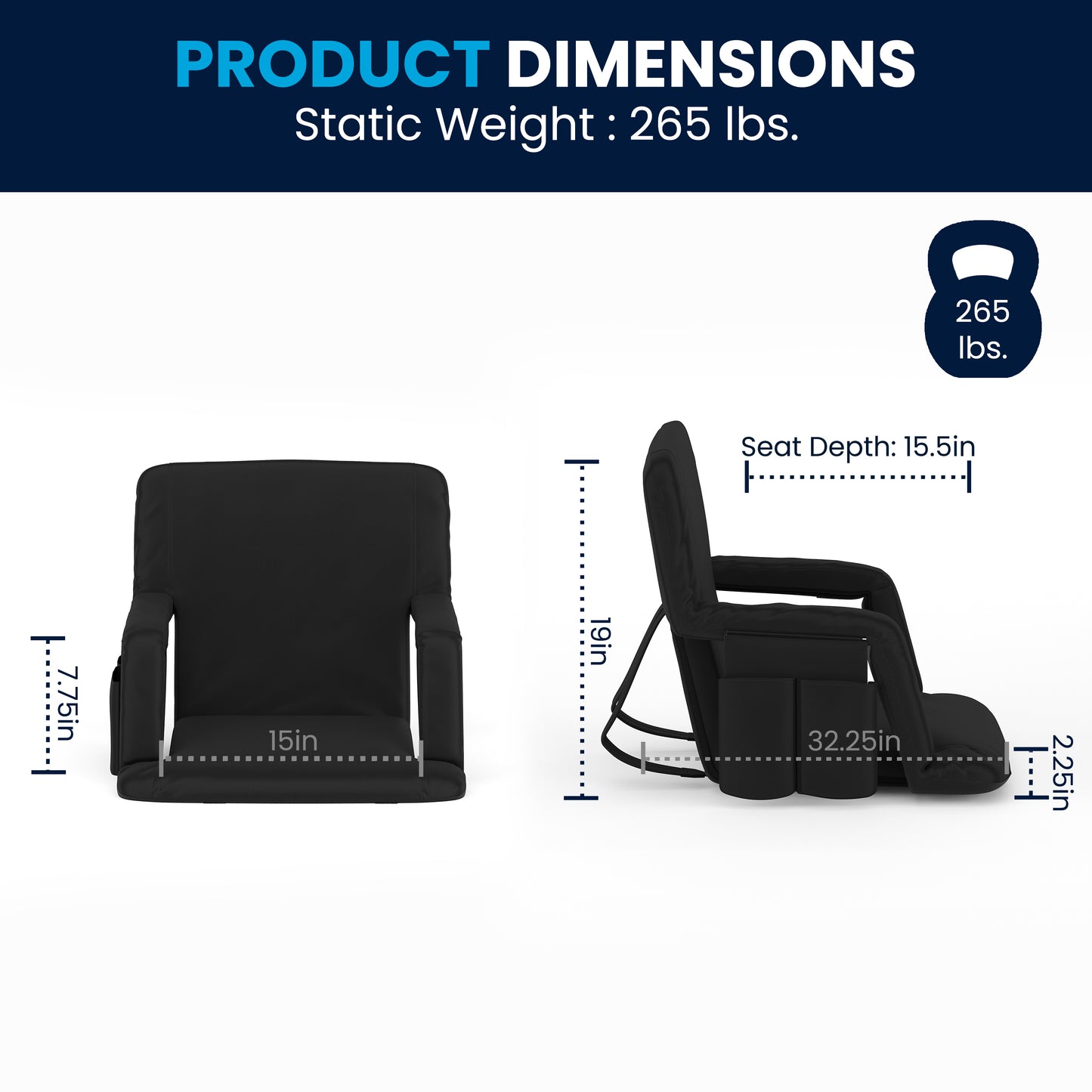 Malta Black Portable Lightweight Reclining Stadium Chair with Armrests, Padded Back & Seat with Dual Storage Pockets and Backpack Straps Black