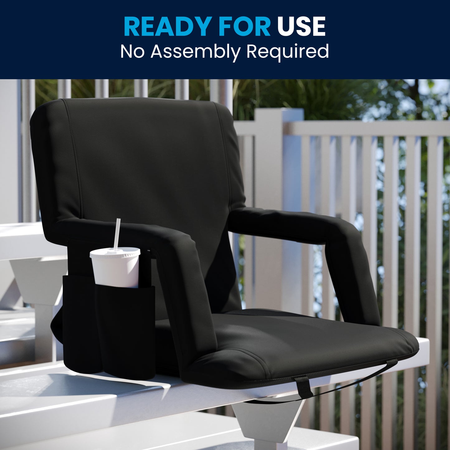 Malta Black Portable Lightweight Reclining Stadium Chair with Armrests, Padded Back & Seat with Dual Storage Pockets and Backpack Straps Black