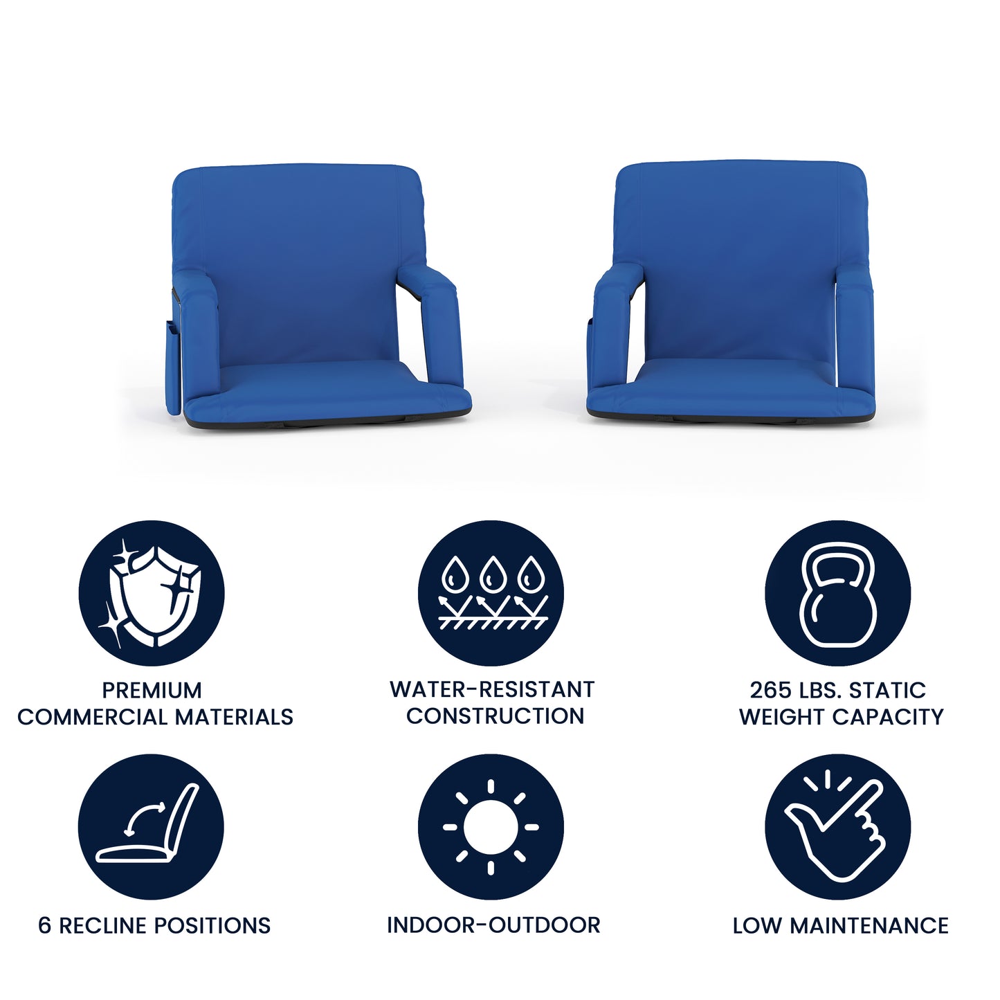 Malta Set of 2 Blue Portable Lightweight Reclining Stadium Chairs with Armrests, Padded Back & Seat - Storage Pockets & Backpack Straps Blue