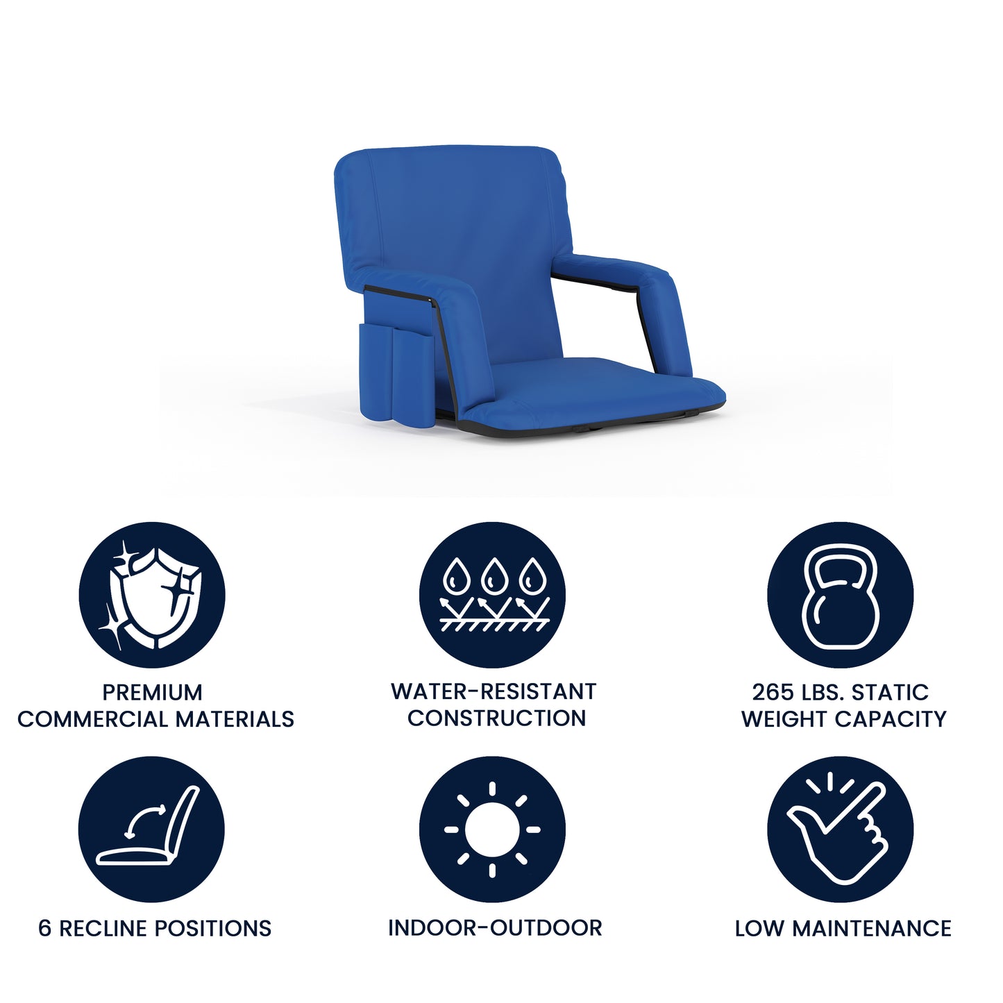 Malta Blue Portable Lightweight Reclining Stadium Chair with Armrests, Padded Back & Seat with Dual Storage Pockets and Backpack Straps Blue