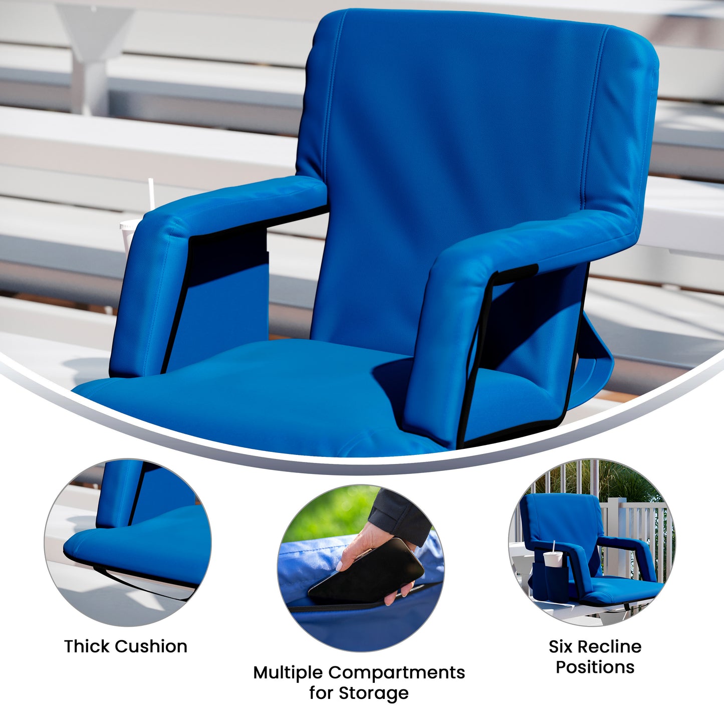 Malta Blue Portable Lightweight Reclining Stadium Chair with Armrests, Padded Back & Seat with Dual Storage Pockets and Backpack Straps Blue