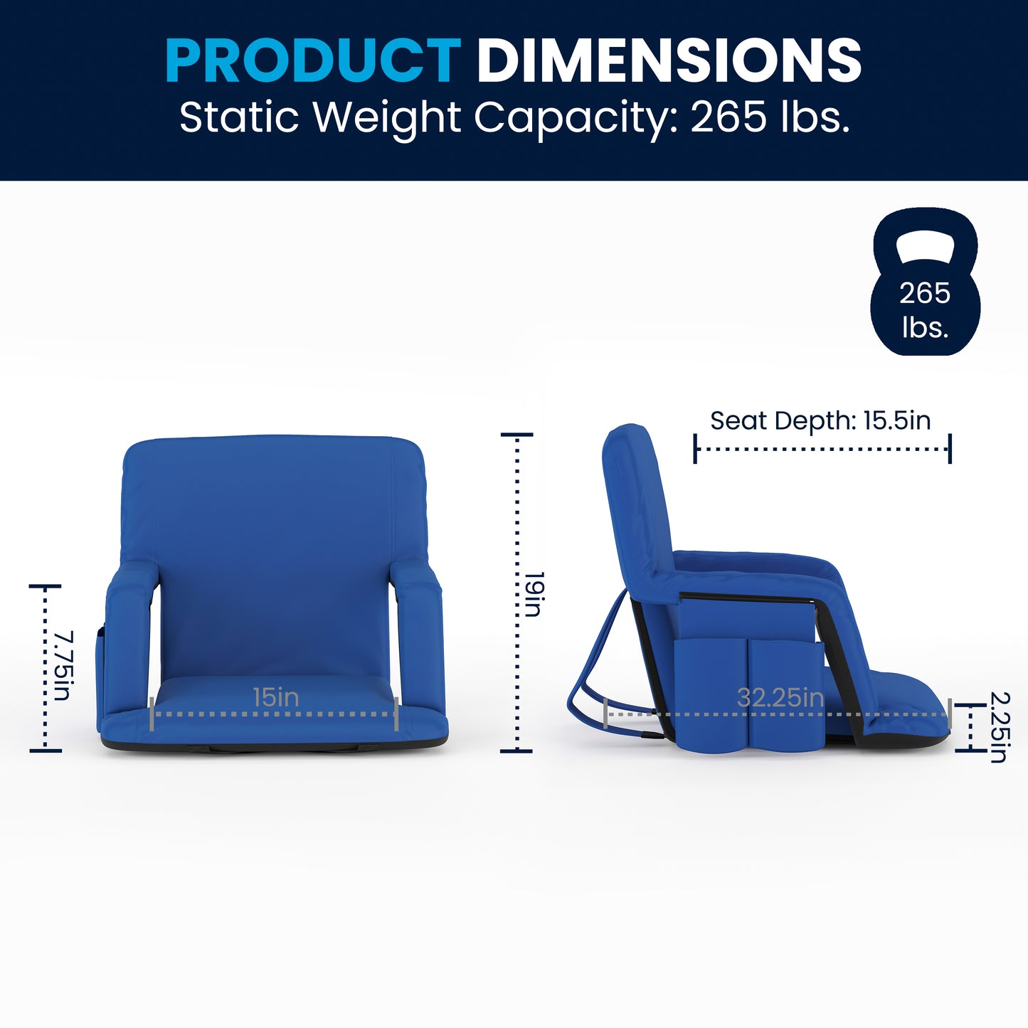 Malta Set of 2 Blue Portable Lightweight Reclining Stadium Chairs with Armrests, Padded Back & Seat - Storage Pockets & Backpack Straps Blue