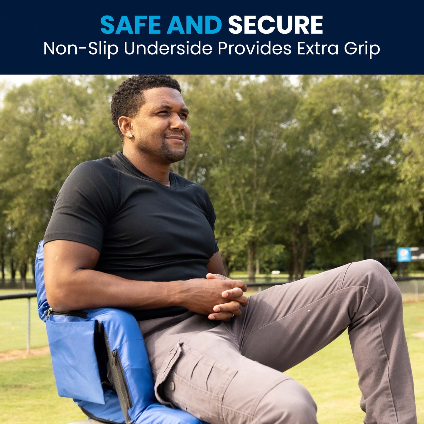 Malta Blue Portable Lightweight Reclining Stadium Chair with Armrests, Padded Back & Seat with Dual Storage Pockets and Backpack Straps Blue