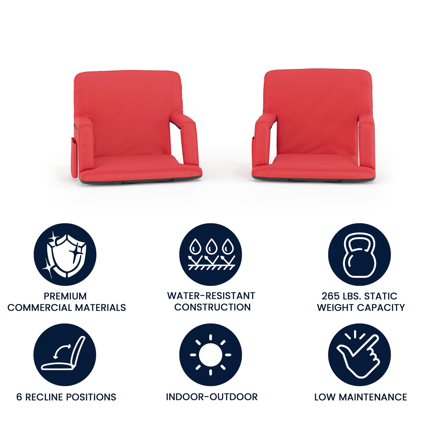 Malta Set of 2 Red Portable Lightweight Reclining Stadium Chairs with Armrests, Padded Back & Seat - Storage Pockets & Backpack Straps Red