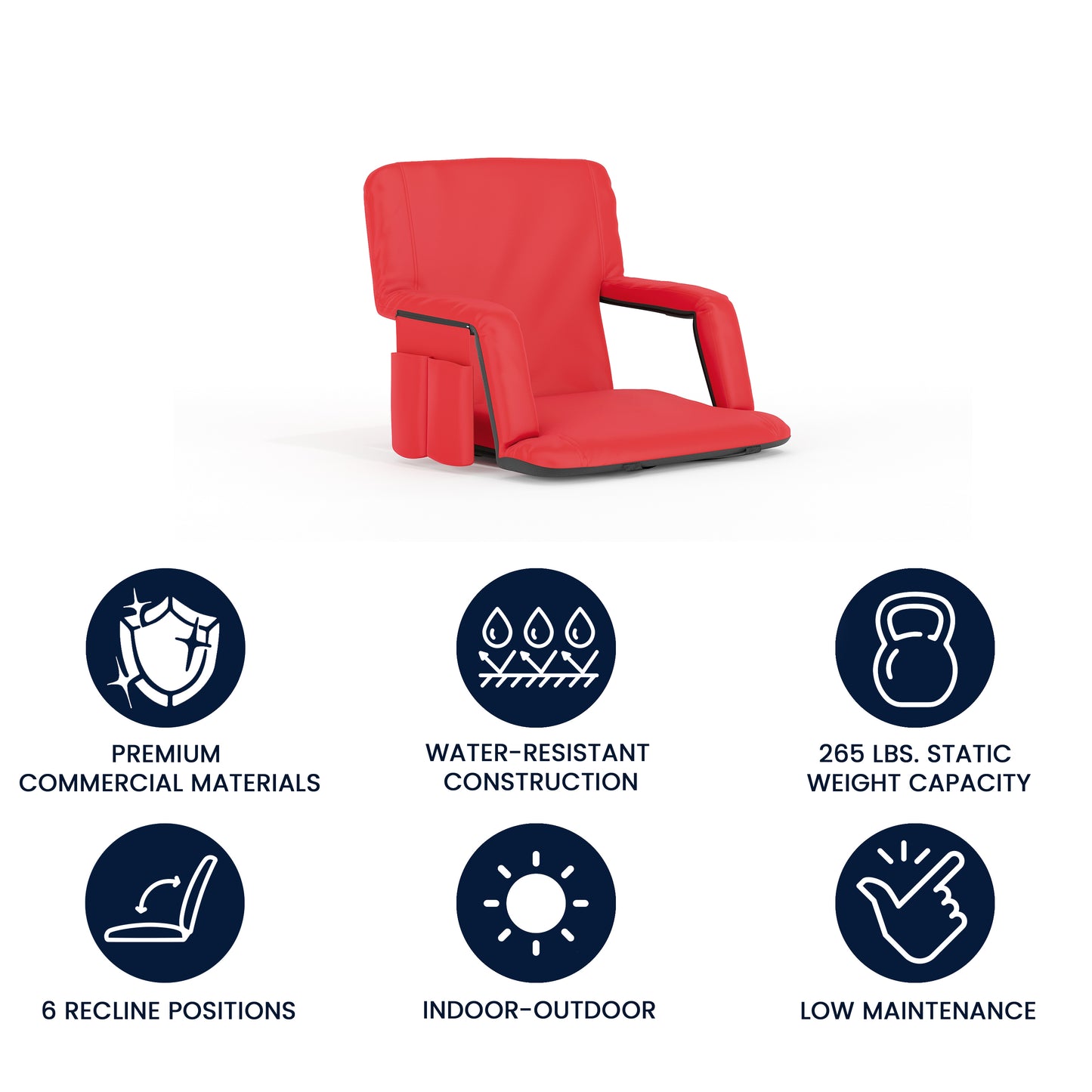 Malta Red Portable Lightweight Reclining Stadium Chair with Armrests, Padded Back & Seat with Dual Storage Pockets and Backpack Straps Red