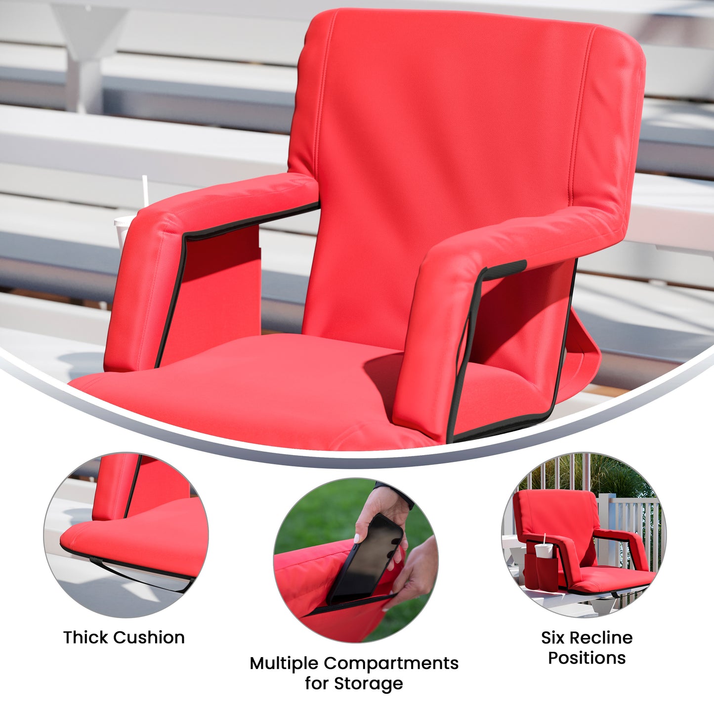 Malta Red Portable Lightweight Reclining Stadium Chair with Armrests, Padded Back & Seat with Dual Storage Pockets and Backpack Straps Red