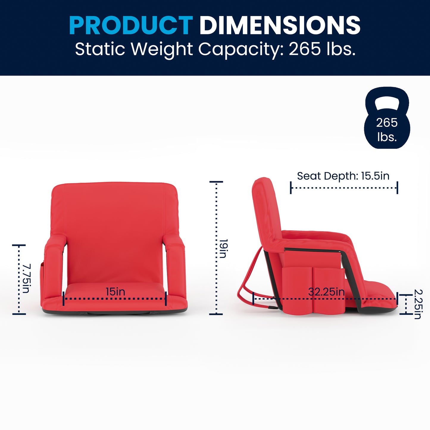 Malta Set of 2 Red Portable Lightweight Reclining Stadium Chairs with Armrests, Padded Back & Seat - Storage Pockets & Backpack Straps Red