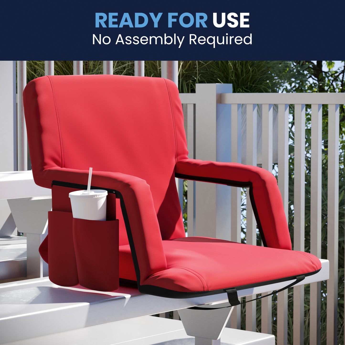 Malta Red Portable Lightweight Reclining Stadium Chair with Armrests, Padded Back & Seat with Dual Storage Pockets and Backpack Straps Red