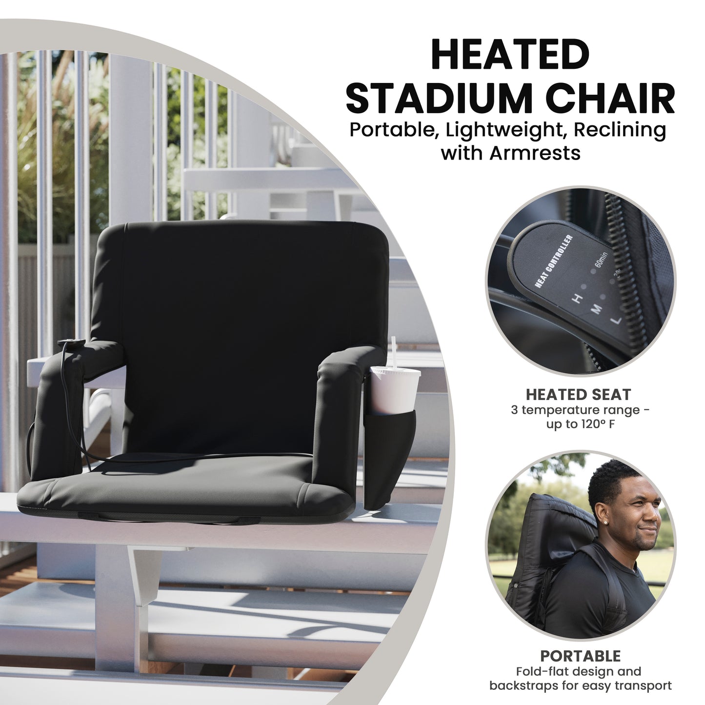 Malta Black Portable Heated Reclining Stadium Chair with Armrests, Padded Back & Heated Seat with Dual Storage Pockets and Backpack Straps Black