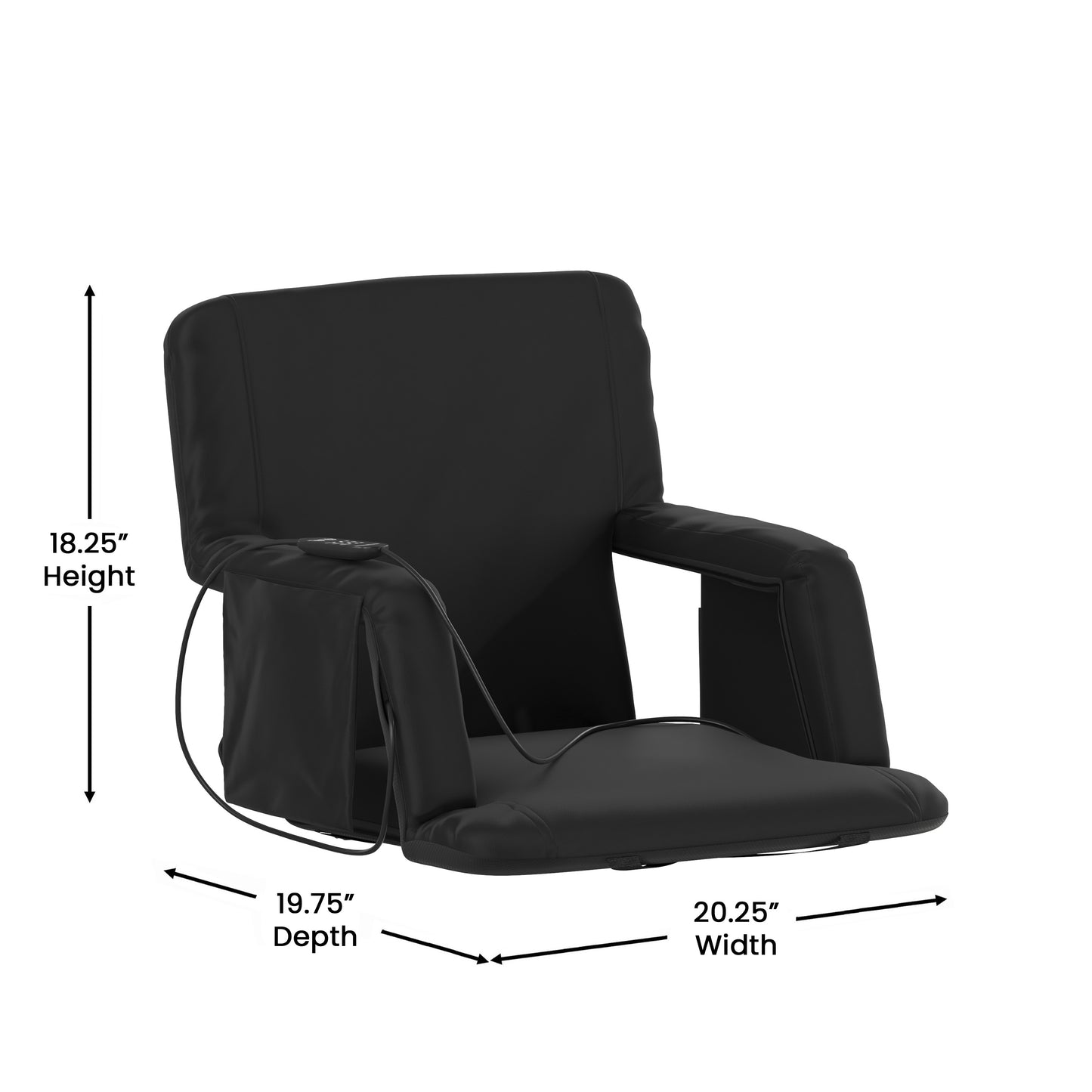 Malta Black Portable Heated Reclining Stadium Chair with Armrests, Padded Back & Heated Seat with Dual Storage Pockets and Backpack Straps Black