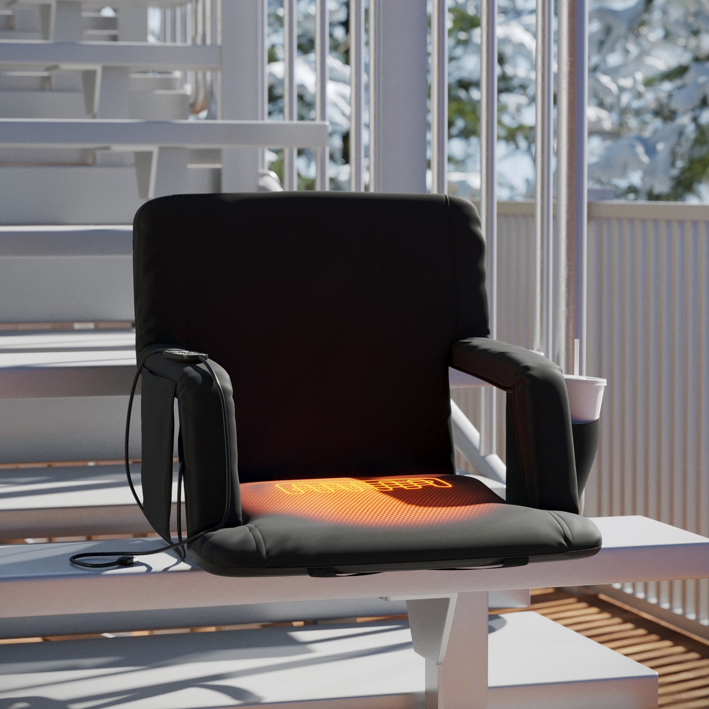 Malta Black Portable Heated Reclining Stadium Chair with Armrests, Padded Back & Heated Seat with Dual Storage Pockets and Backpack Straps Black