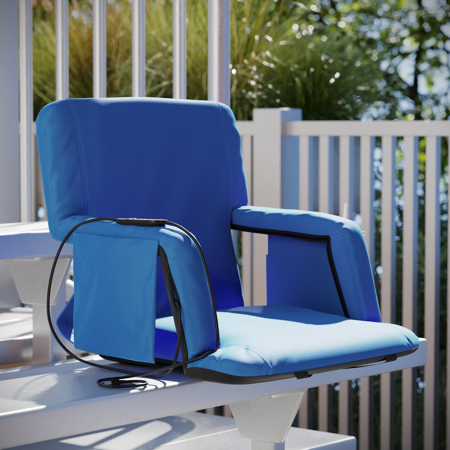 Malta Blue Portable Heated Reclining Stadium Chair with Armrests, Padded Back & Heated Seat with Dual Storage Pockets and Backpack Straps Blue