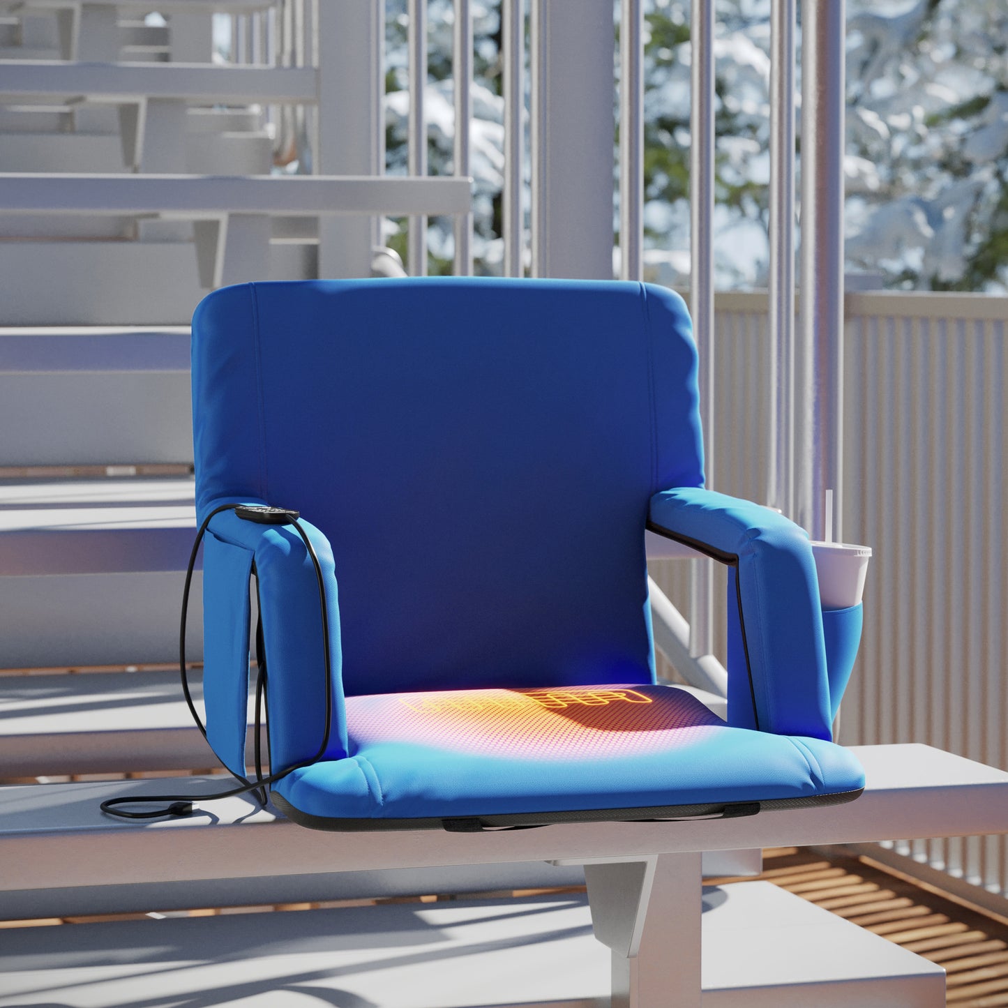 Malta Blue Portable Heated Reclining Stadium Chair with Armrests, Padded Back & Heated Seat with Dual Storage Pockets and Backpack Straps Blue