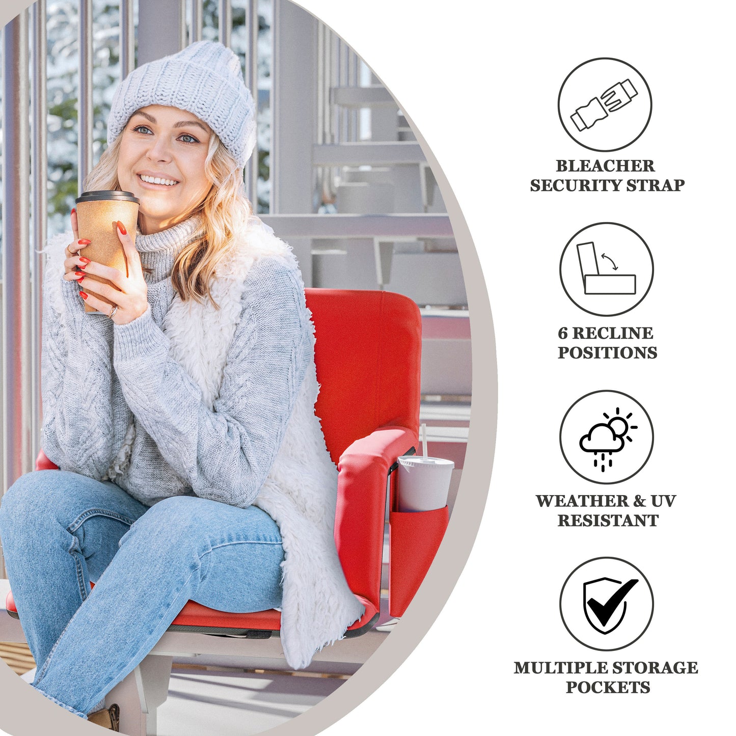 Malta Red Portable Heated Reclining Stadium Chair with Armrests, Padded Back & Heated Seat with Dual Storage Pockets and Backpack Straps Red