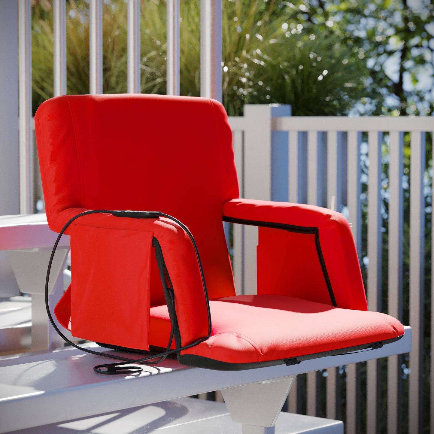 Malta Red Portable Heated Reclining Stadium Chair with Armrests, Padded Back & Heated Seat with Dual Storage Pockets and Backpack Straps Red