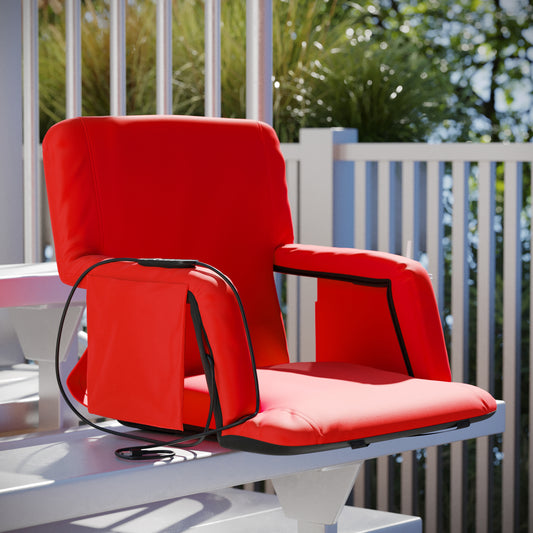 Malta Red Portable Heated Reclining Stadium Chair with Armrests, Padded Back & Heated Seat with Dual Storage Pockets and Backpack Straps Red