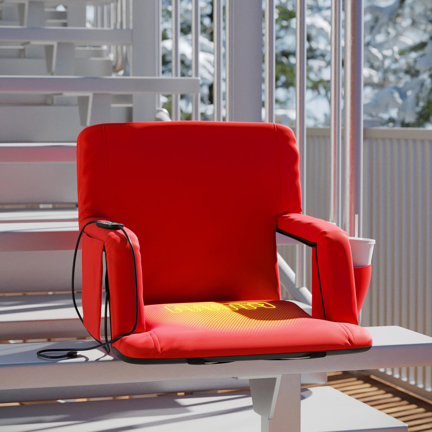Malta Red Portable Heated Reclining Stadium Chair with Armrests, Padded Back & Heated Seat with Dual Storage Pockets and Backpack Straps Red