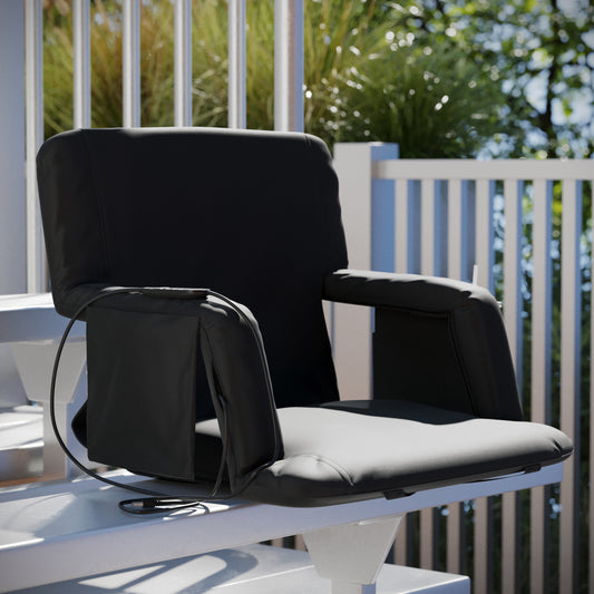 Malta Black Portable Heated Reclining Stadium Chair with Armrests, Heated Padded Back & Heated Seat with Dual Storage Pockets and Backpack Straps Black