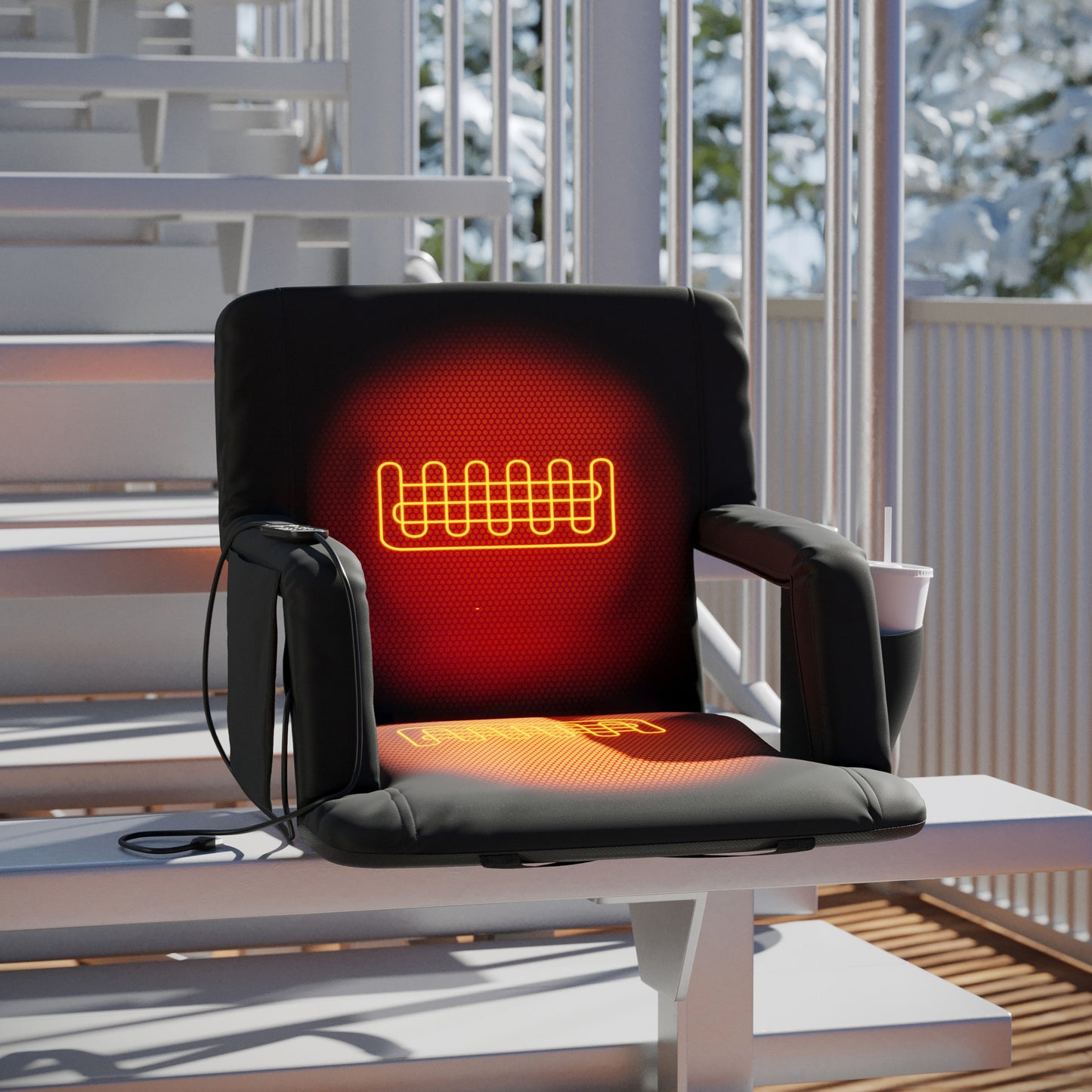 Malta Black Portable Heated Reclining Stadium Chair with Armrests, Heated Padded Back & Heated Seat with Dual Storage Pockets and Backpack Straps Black