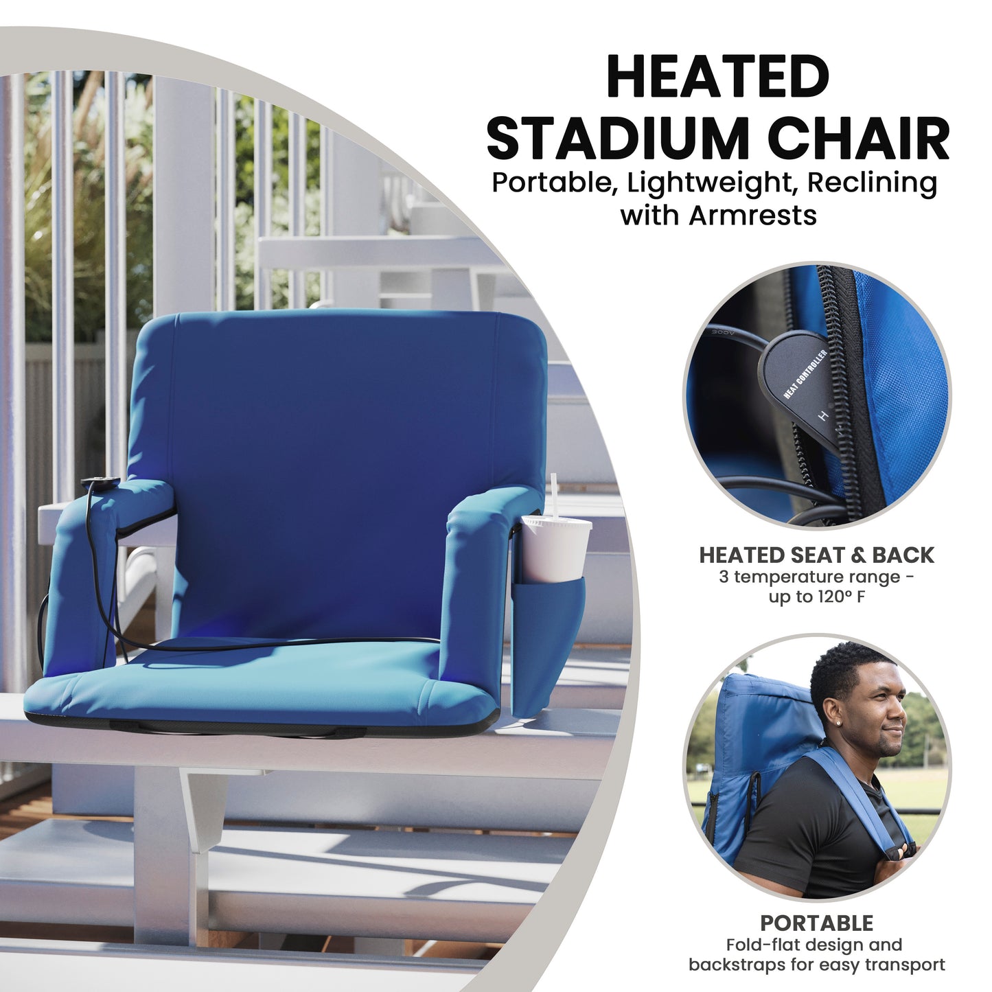 Malta Blue Portable Heated Reclining Stadium Chair with Armrests, Heated Padded Back & Heated Seat with Dual Storage Pockets and Backpack Straps Blue