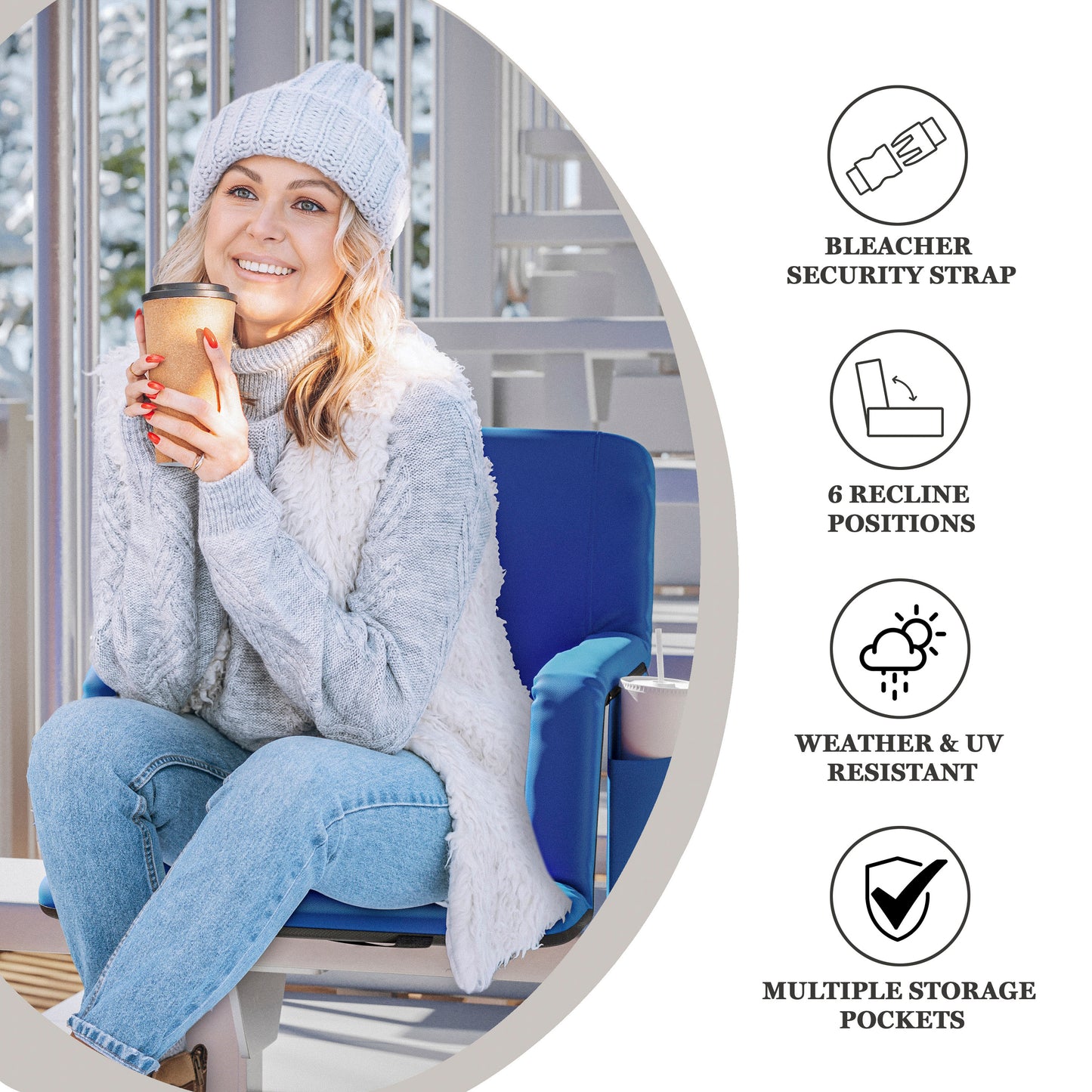 Malta Blue Portable Heated Reclining Stadium Chair with Armrests, Heated Padded Back & Heated Seat with Dual Storage Pockets and Backpack Straps Blue